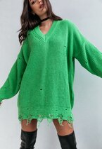 Sweter wełniany 30% z rozdarciami oversize maxi KAMILA GREEN