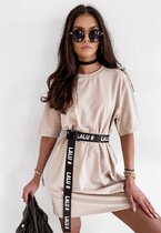 T-shirt bluzka z paskiem oversize LONG BEIGE