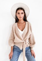 Sweter z wiązaniem zdobiony perłami PEARLS BEIGE 0