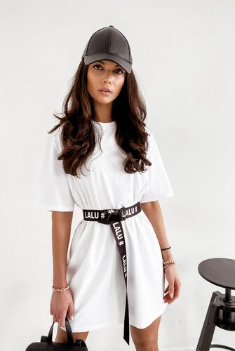 T-shirt tunika bluzka z paskiem oversize LONG WHITE