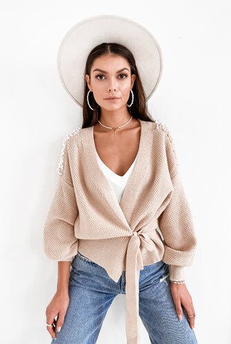 Sweter z wiązaniem zdobiony perłami PEARLS BEIGE 1