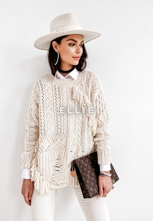 Sweter midi z frędzlami FRINGE ECRU